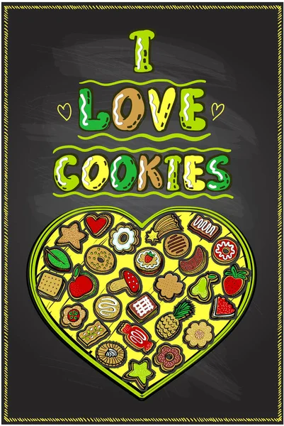 Me encantan las galletas cartel de pizarra, ilustración dibujada a mano con caja de galletas en forma de corazón — Vector de stock