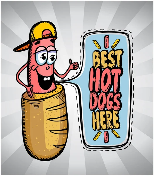 Best hot dogs here sign with cartoon sausage dressed in bun — Stock Vector
