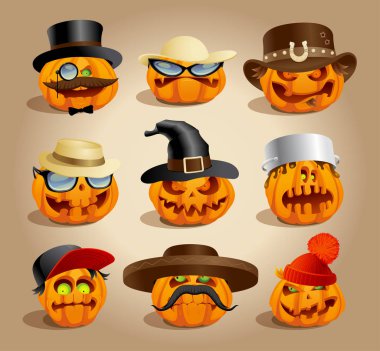 Kötü Cadılar Bayramı kabakları seti, karikatür personages, çılgın kabak semboller set