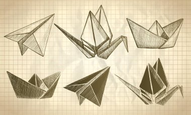 Origami uçak, vinç ve tekne, vektör el çizilmiş grafik illüstrasyon, katlanmış kağıt zanaat