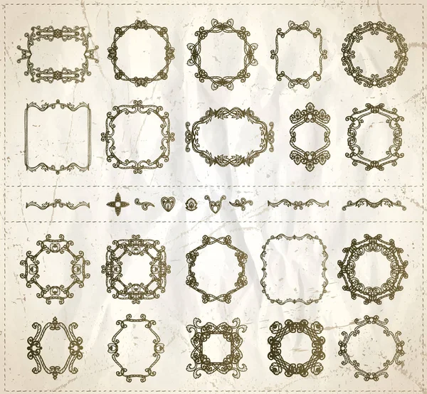 Monogramme de ligne graphique vintage monogramme cadres et diviseurs fixés contre du papier ancien, illustration vectorielle dessinée à la main — Image vectorielle