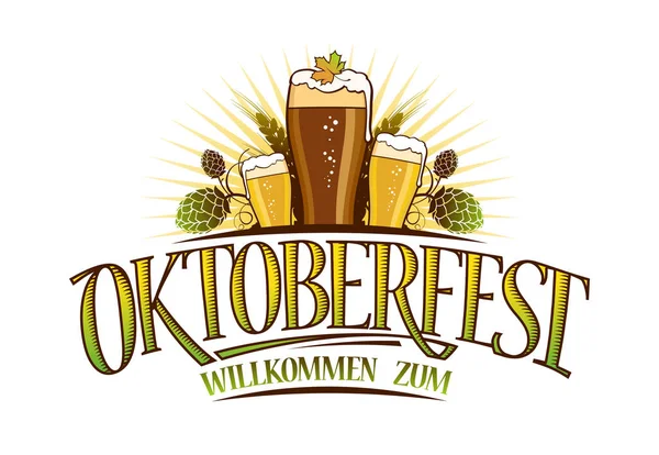 Oktoberfest logotipo sinal isolado em branco, copos de cerveja e lúpulo — Vetor de Stock