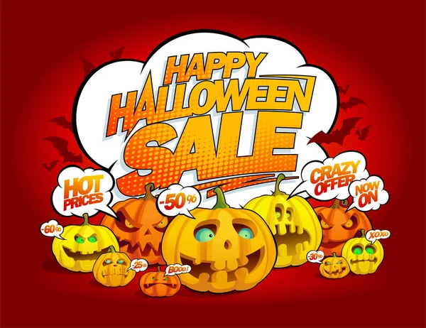 Feliz Halloween venta banner con calabazas que hablan multitud, burbujas de habla — Vector de stock