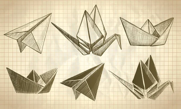 Origami plane, crane and boat, vector hand drawn graphic illustration, folded paper craft