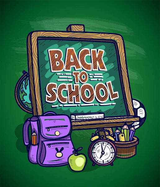 返回学校平面海报设计与绿色黑板和学校工具集 — 图库矢量图片