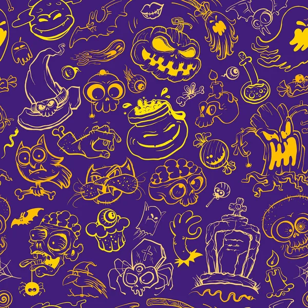 Patrón sin costura de Halloween, ilustración gráfica de línea vectorial dibujada a mano con elementos clásicos de halloween — Vector de stock