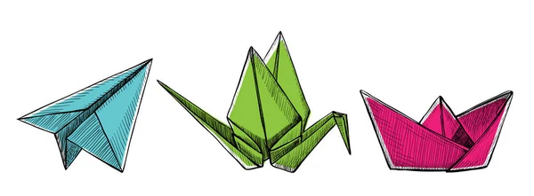 Origami plano, grúa y barco, ilustración gráfica vectorial dibujada a mano — Vector de stock