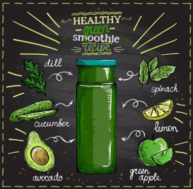 Malzemeler, yaz sebze kokteyl kroki ile bir tebeşir üzerinde Sağlıklı yeşil smoothie tarifi