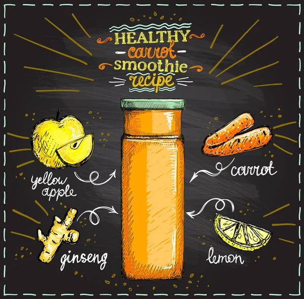 Receita de smoothie de cenoura saudável em um quadro-negro, menu de smoothie vegetariano com ingredientes —  Vetores de Stock