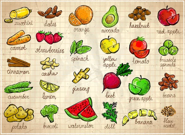 Conjunto de símbolos de frutas y verduras crudas, ilustración de boceto dibujado a mano — Vector de stock