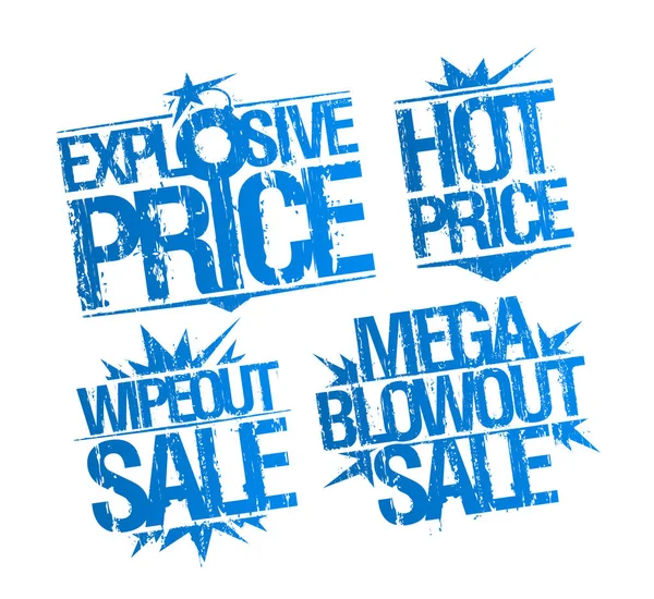 Explosieve prijs, hete prijs, Wipeout verkoop en Mega Blow out verkoop stempels afdrukken — Stockvector