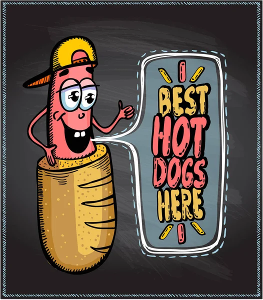 Meilleurs hot-dogs ici affiche tableau noir avec saucisse de dessin animé habillé en chignon — Image vectorielle