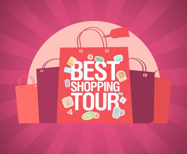 Best shopping tour vector banner design concept with paper bags and rays on a backdrop, poster di vendita — Vettoriale Stock