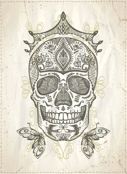 Ручной графический орнаментальный череп, сахарный череп — стоковый вектор