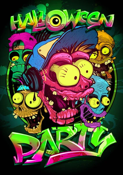 Affiche de fête d'Halloween avec foule zombie, bannière graphique dessinée à la main — Image vectorielle