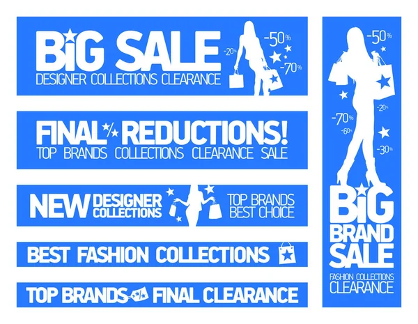 Mode stor försäljning banners set, rabatter och nya kollektioner, stora märken försäljning — Stock vektor