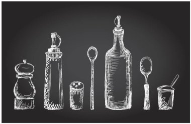 Bir tebeşir tahtası üzerinde mutfak gereçleri seti, grafik semboller, kaba çizgi, el çizilmiş