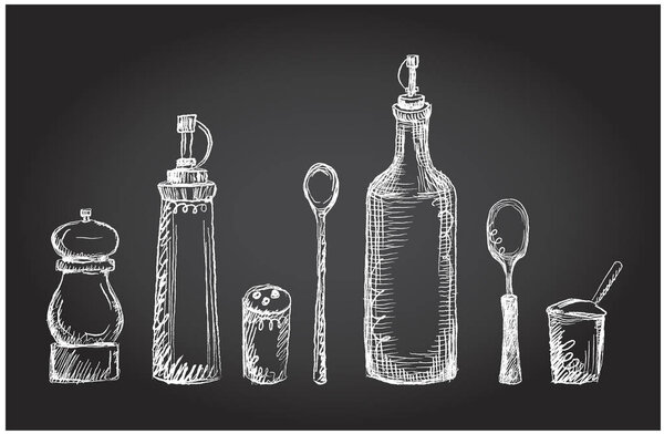 Комплект кухонной утвари на доске, графические символы, грубая линия, нарисованная вручную
