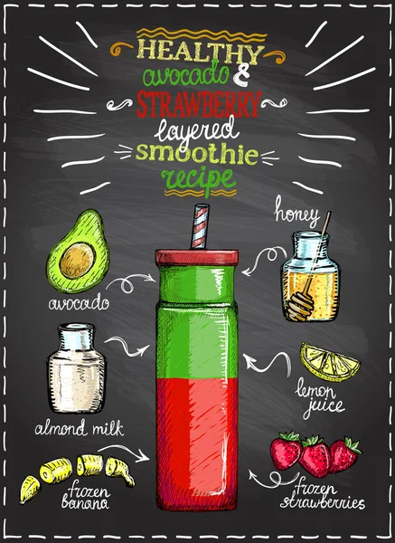 Avocado strawberry yang sehat berlapis resep smoothie pada papan tulis dengan bahan-bahan, buah-buahan dan beri sketsa koktail - Stok Vektor