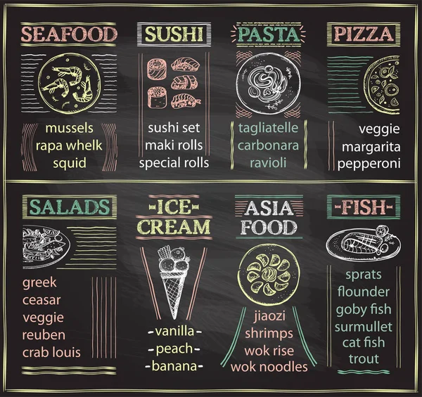 Menu de café avec fruits de mer, sushis, pâtes, pizzas, salades, glaces, plats asiatiques et poissons — Image vectorielle