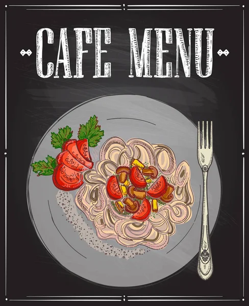 Menú de café con pasta vegetariana de trigo sarraceno, plato dietético sin gluten — Archivo Imágenes Vectoriales