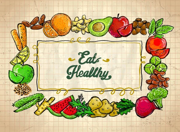 Coma cartão de cotação saudável, vegetais e moldura de frutas — Vetor de Stock