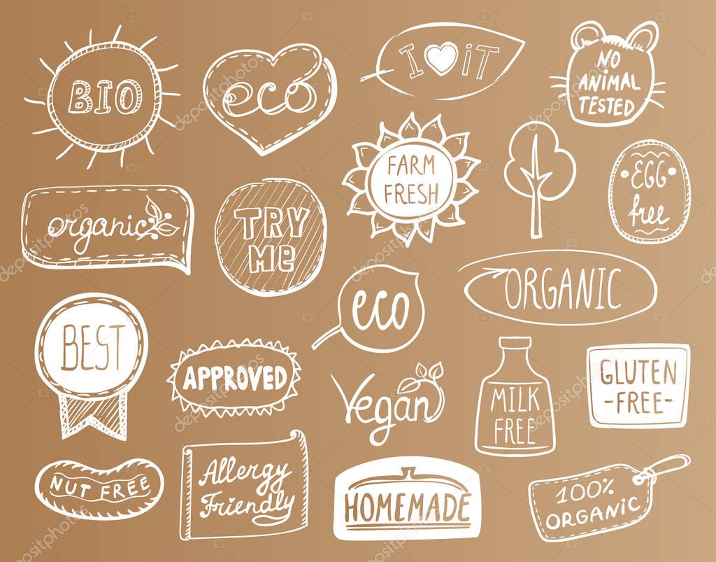 Set of eco symbols on a paper - bio, eco, organic, vegan, milk f