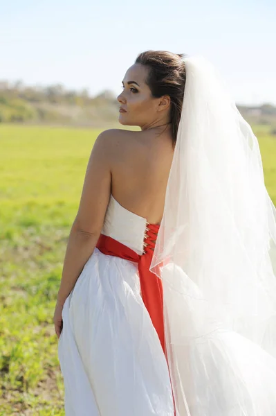 Hübsche Braut geht mit Drachen auf Feld — Stockfoto