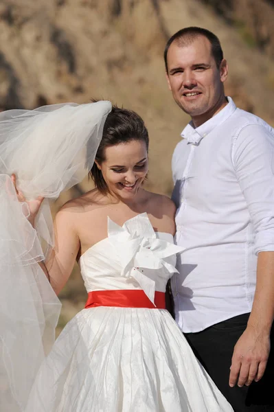 Lovely newlywed at nature mountain landscape — Stock Photo, Image