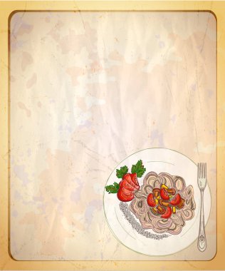 Karabuğday makarna metin ve grafik illüstrasyon için boş yer ile eski kağıt zemin