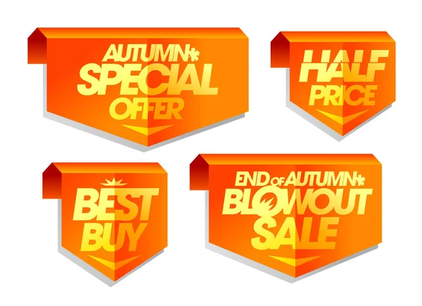 Special offer, best buy, half price, end of autumn blowout sale, autumn sale tags — стоковый вектор