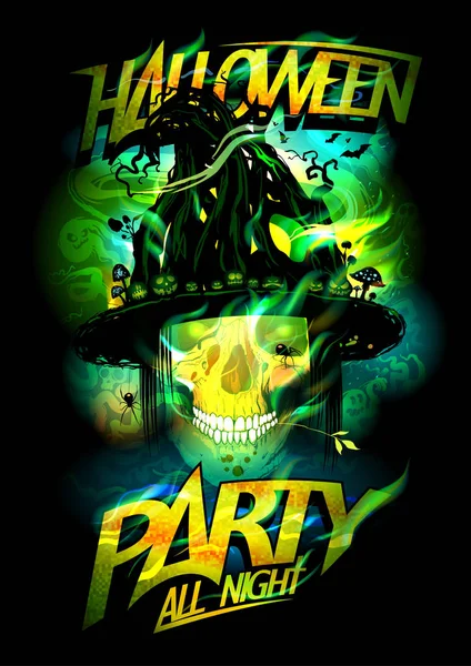 Halloween-Party-Poster mit mystischem Hexenschädel, Einladungskarte oder Banner — Stockvektor