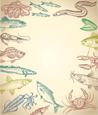 Balık ve deniz ürünleri çerçevesi, metin için boş alan ile el çizilmiş grafik illüstrasyon