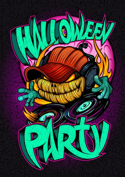 Affiche de fête d'Halloween, carte d'invitation ou bannière web avec effrayante citrouille dj — Image vectorielle