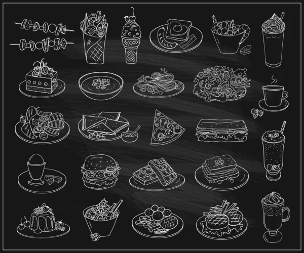칠판에 설정 된 다양한 요리 음식 기호, 라인 그래픽 일러스트 — 스톡 벡터