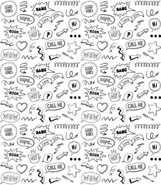 Black and white doodle style seamless pattern with comic style elements — Stock Vector