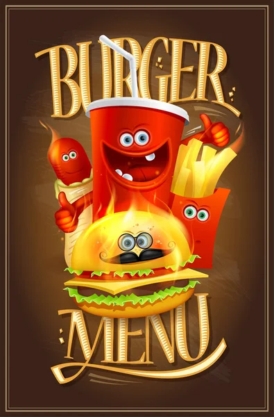 Burger menü borító design, gyorséttermi szimbólumokkal — Stock Vector