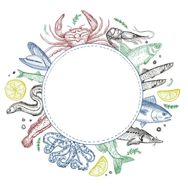Fish and seafood round frame for menu — Stock Vector