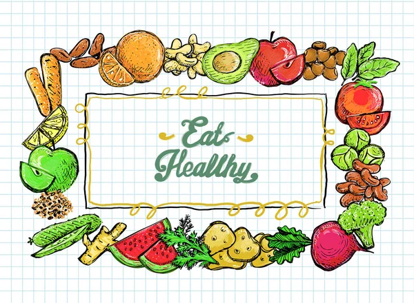 Cornice di frutta e verdura assortita, mangiare carta citazione sana — Vettoriale Stock