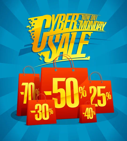 Cyber lunes venta banner diseño con bolsas de papel — Vector de stock