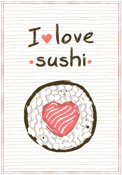 Adoro il sushi, poster in stile doodle per il menu del sushi — Vettoriale Stock
