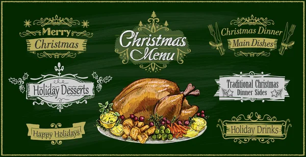 Świąteczne menu kredowe na zielonej planszy z tradycyjnym pieczonym indykiem i tabliczkami świątecznymi — Wektor stockowy