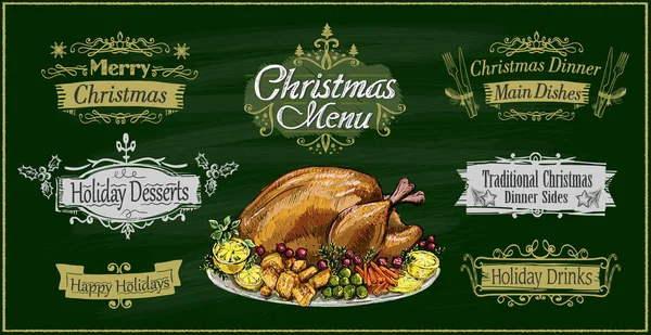 Menú de Navidad tiza en un tablero verde con pavo asado tradicional y letreros de letras navideñas establecidos — Vector de stock