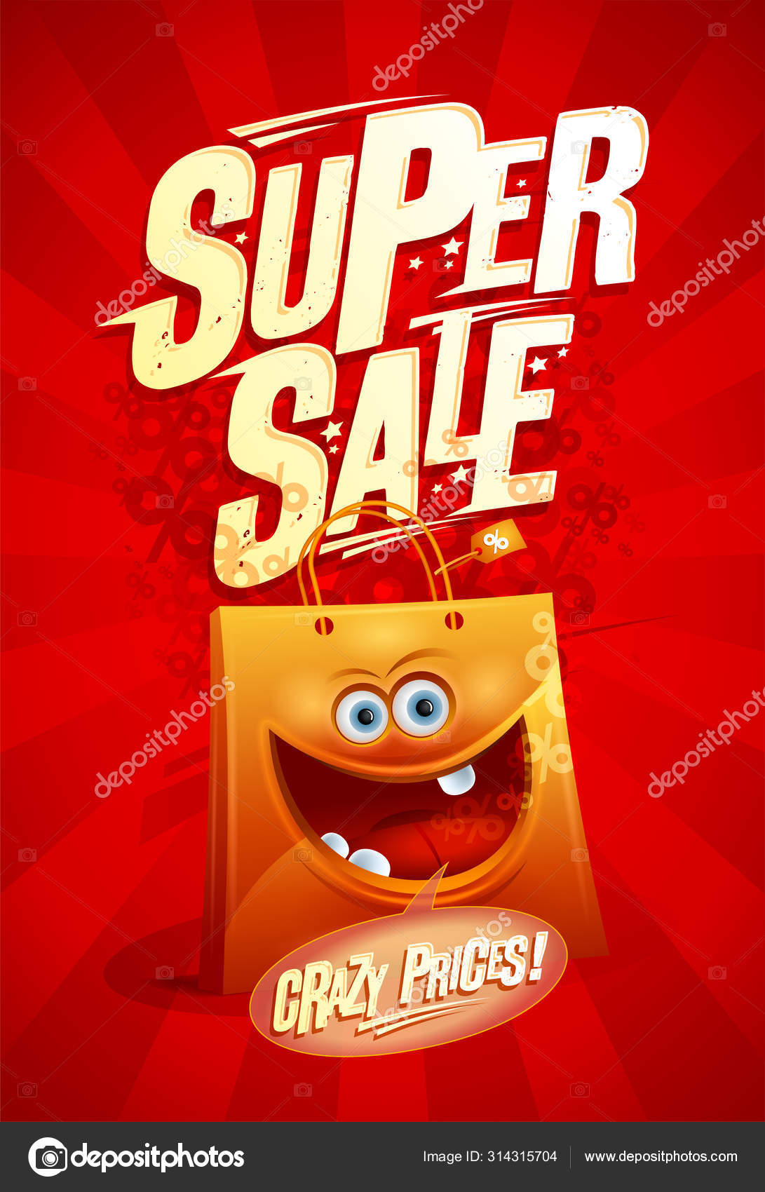 Super sale, crazy prices poster design with cartoon shopping bag