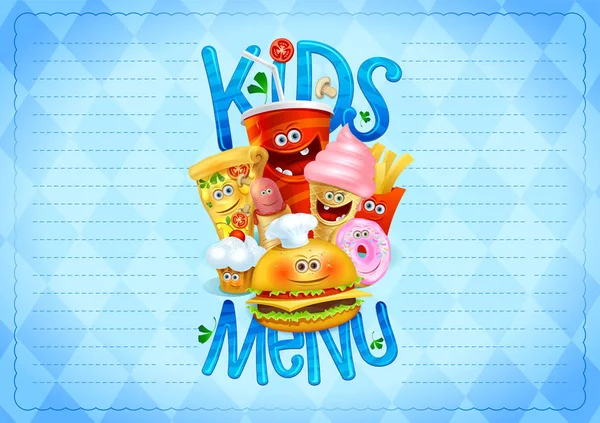 Lista menu bambini concetto di design con hot dog, hamburger, patatine fritte, pizza, ciambella, gelato, muffin e bevande come personaggi dei cartoni animati — Vettoriale Stock