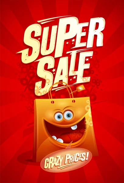 Super venta, precios locos diseño de póster con bolsa de compras de dibujos animados — Vector de stock