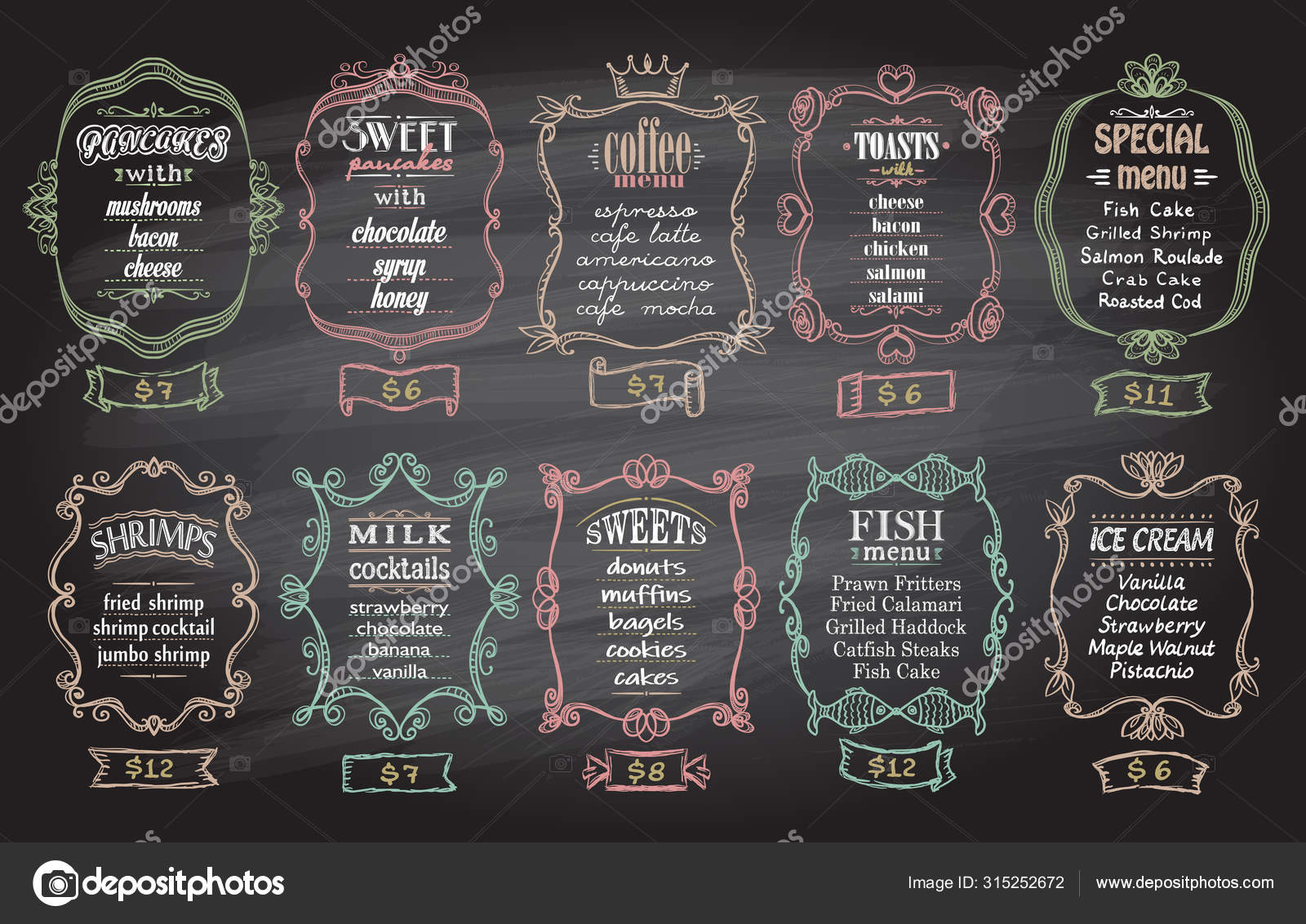 Diseños de menú de tiza establecidos con marcos antiguos en una pizarra:  panqueques, panqueques dulces, menú de café, tostadas, etc. . Vector de  stock #315252672 de ©slena, image size:1600x1132