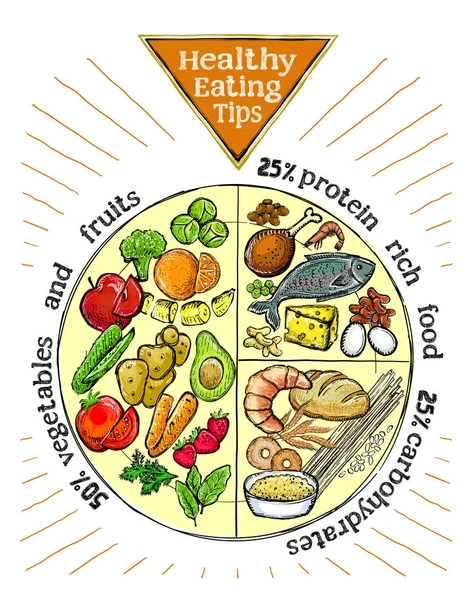 Zdrowy talerz z poradami żywieniowymi, odpowiednie proporcje żywieniowe — Wektor stockowy