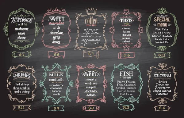 Desain menu Chalk diatur dengan bingkai antik pada papan tulis - pancake, pancake manis, menu kopi, toasts, dll . - Stok Vektor