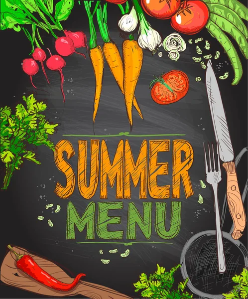 Zomer Menu Krijt Vector Illustratie Rauwe Groenten Keukengerei Een Schoolbord — Stockvector